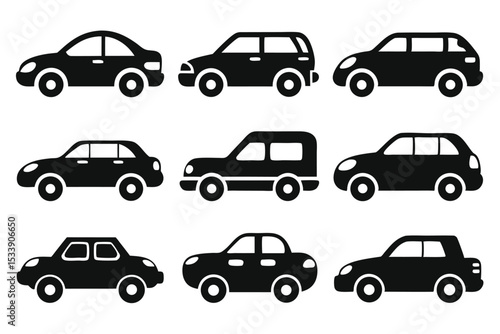 Collection of silhouetted car illustrations representing various automobile body styles for design purposes