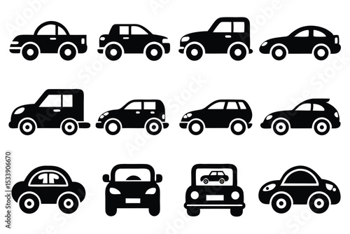 Collection of silhouetted cars in various styles and shapes isolated on white background