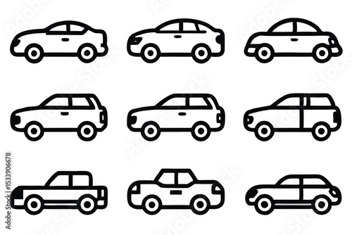 Collection of simple black and white car icons representing various vehicle types