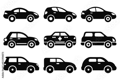 Set of black and white car icons representing different vehicle styles on white background
