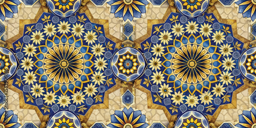 Intricate blue and gold floral mosaic pattern with symmetrical design.