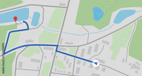 City map navigation. GPS navigator. Top view, view from above. Simple realistic map design with small town, forest, river and lakes and arrow and route. Landscape with river. Vector illustration.
