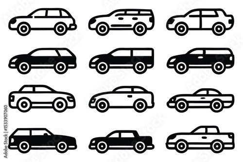 Vector set of various car silhouettes in black and white outlines on a plain background
