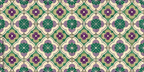Colorful floral pattern featuring green, purple, and cream tones.