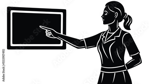 Teacher pointing to blackboard explaining lesson in school classroom education concept