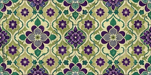 Colorful floral tile pattern featuring green, purple, and cream hues.