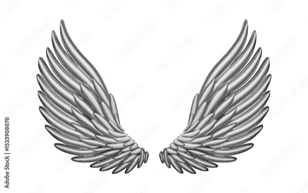 Obraz premium 3d black and white angel wings with halftone effect. Stock vector illustration on isolated background. 
