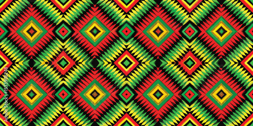Vibrant geometric pattern in red, green, and yellow featuring diamond shapes.