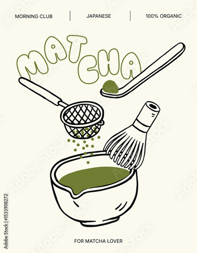 vector illustration of matcha japanese culture, doodle and hand drawn art, food and drink concept	
