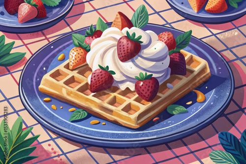 Belgian waffles topped with fresh strawberries and whipped cream classic European dessert concept for breakfast menu, food art, and sweet cuisine themes