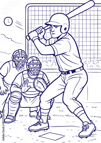 Baseball batter ready to swing in line art illustration