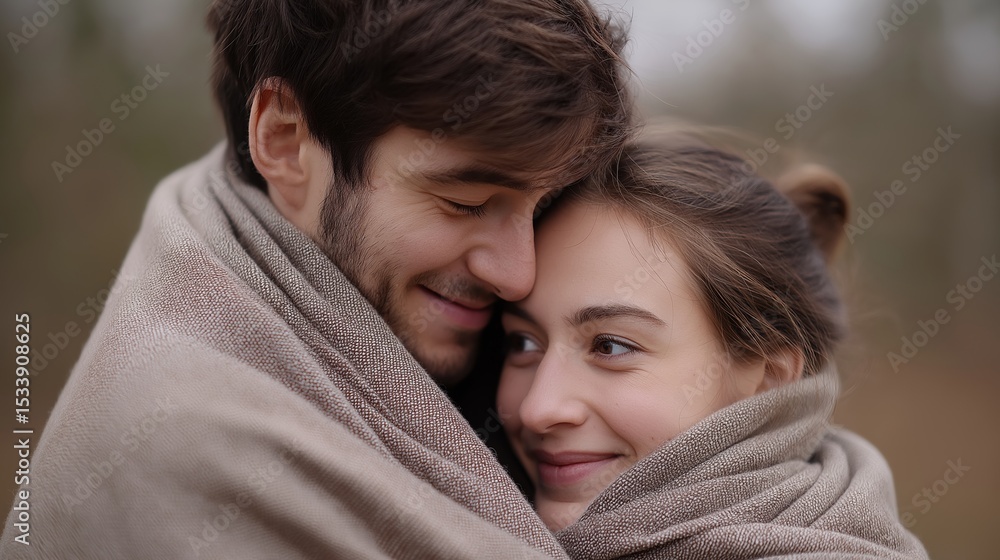 © Evgenia - Young couple wrapped in cozy blankets, sharing a warm embrace outdoors, radiating love and affection in a serene natural setting, capturing intimate emotional connection