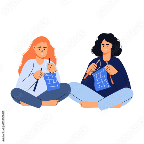 A flat style illustration showing friends knitting together