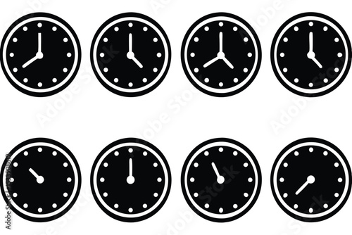 Black and white clocks showing different times on a white background in a grid
