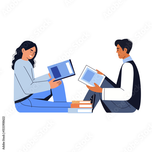 A flat style illustration showing friends exchanging books