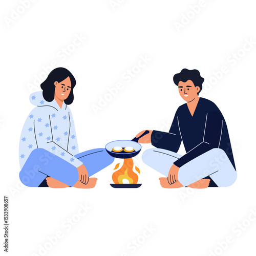 A flat style illustration showing friends doing outdoor cooking
