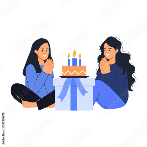 A flat style illustration showing friend giving a birthday surprise