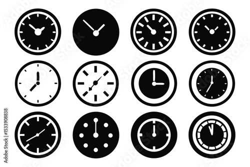 Collection of monochrome clock icons representing various times and temporal concepts