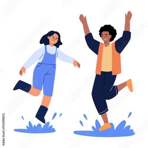 A flat style illustration showing friends enjoying rain puddles