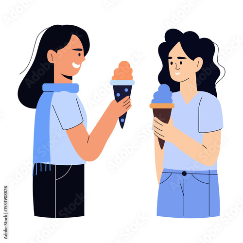 A flat style illustration showing friends sharing food