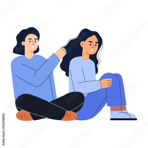 A flat style illustration showing a friend styling hair