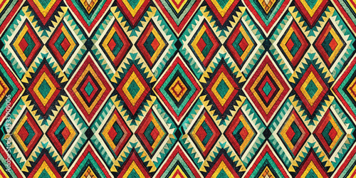 Vibrant geometric pattern in red, yellow, green, and black hues.