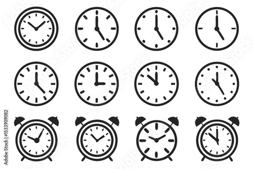 Set of outline clock and alarm clock illustrations showing different times and concepts in black and white