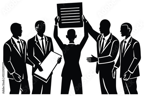 Group of businessmen support protestor holding up a document in monochrome style
