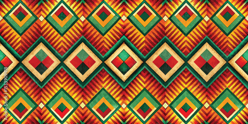 Colorful geometric patterns in vibrant hues create a lively backdrop.