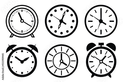 Vector illustration collection of six different black and white clock and alarm clock designs