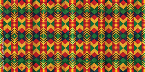 Vibrant geometric patterns in warm colors create a lively textile design.