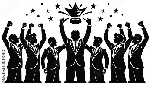 Business team celebration with trophy and stars in black and white vector