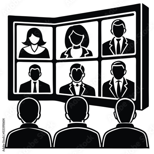 Virtual meeting attendees watching business conference online with multiple participants black and white