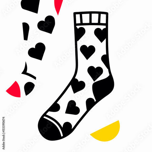Single Sock with Heart Pattern, Black and White