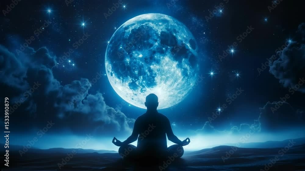 Silhouette meditating under full moon in night sky Silhouette meditating under full moon in night sky