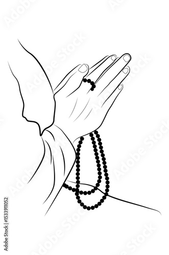 Monk worshipping with beads holding hands line drawing isolated on white background - vector illustration