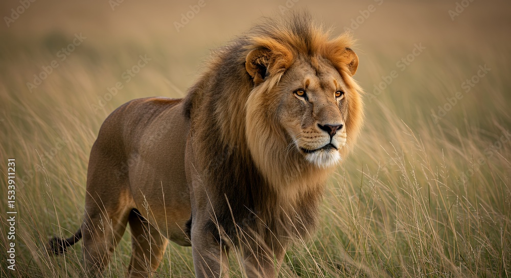 Majestic lion in golden grassland detailed portrait of a powerful animal in its natural habitat Majestic lion in golden grassland detailed portrait of a powerful animal in its natural habitat