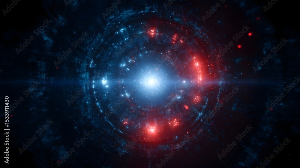Obraz premium Futuristic digital reactor core with flashing red and blue UI zones