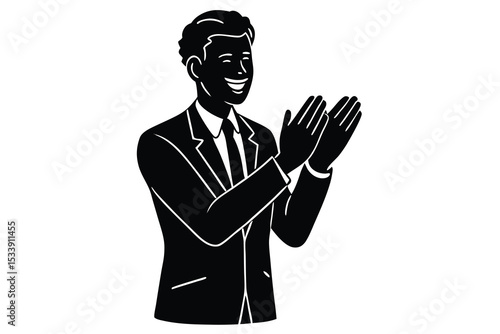 Monochrome illustration of cheerful businessman clapping hands in appreciation