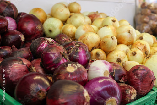 red and white onions at a neighborhood market