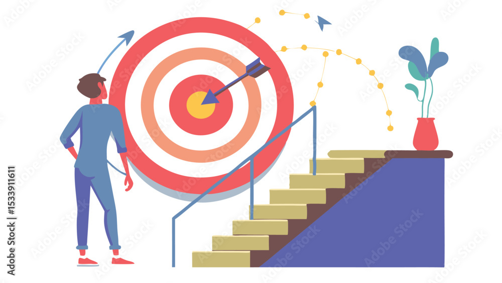Man looking at a target with an arrow in the center after climbing a staircase to reach his goal Man looking at a target with an arrow in the center after climbing a staircase to reach his goal