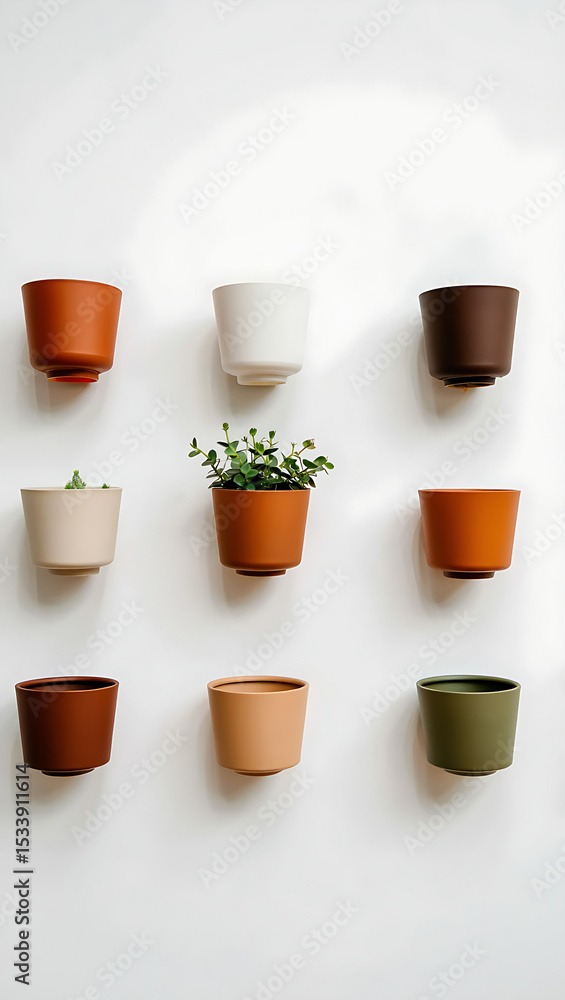 A collection of modern colorful wall-mounted planters with green plants and flowers A collection of modern colorful wall-mounted planters with green plants and flowers