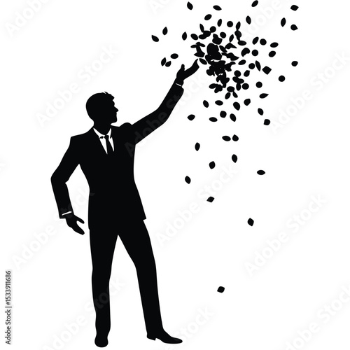 Silhouette of businessman spreading seeds representing growth investment or generosity concept