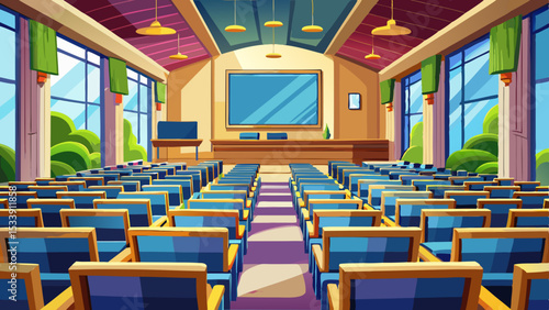 Modern lecture hall interior with rows of seats. Generative AI image