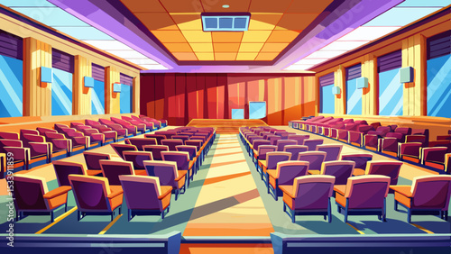 Modern lecture hall interior with rows of seats. Generative AI image