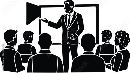 Business presentation illustration presenter addressing group boardroom meeting corporate seminar training