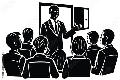 Business presentation illustration a speaker addressing an audience in a monochrome style