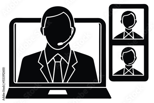 Online video conference with support team black and white illustration