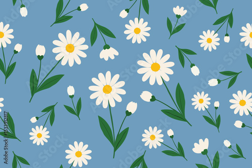Charming daisy floral pattern with white petals and yellow centers on a soft blue background. Perfect for spring-themed designs, fabric, wallpapers, and cheerful prints.
