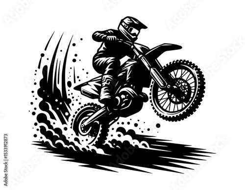 Black and White Illustration of a Motocross Rider Performing a Wheelie